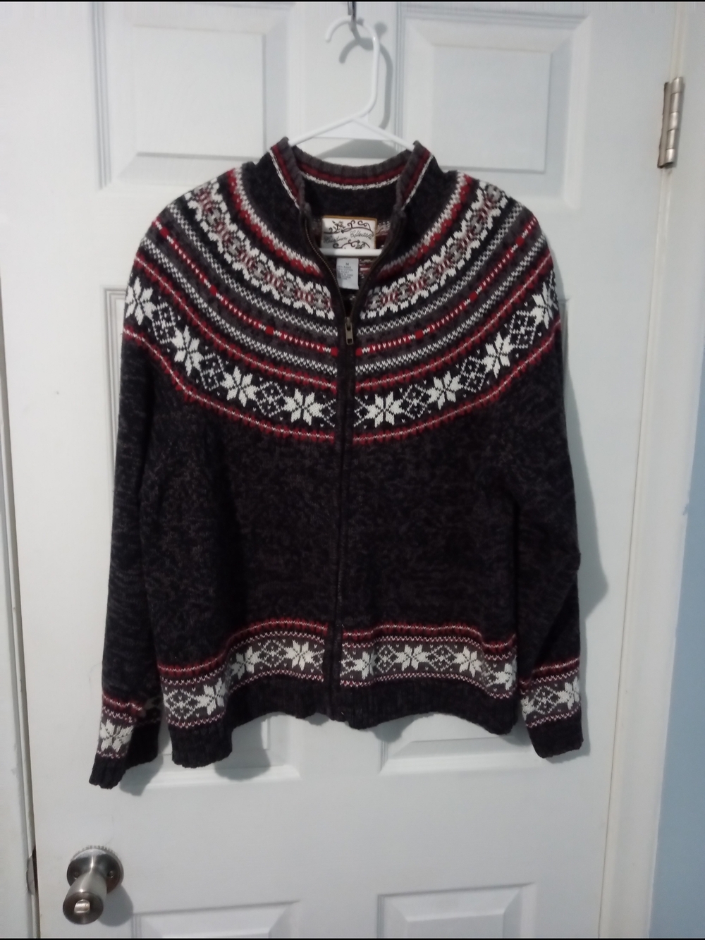 Heirloom Collect Zip Front Cardigan Sweater - Dark Gray with White & Red Pattern